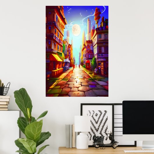 farbenfroher Stadtmond am Himmel | AI Art Poster (Heimbüro)