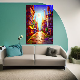 farbenfroher Stadtmond am Himmel | AI Art Poster