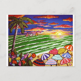 Farbenfroher Strand Sonnenuntergang Kunst Postkarte