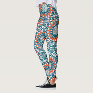 Farbenfroher Teal- und Korallen-Mandala-Druck Leggings