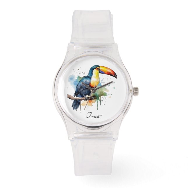 farbenfroher Toucan sitzend auf einem Zweig, anpas Armbanduhr (Vorderseite)