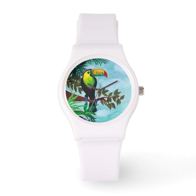 Farbenfroher Toucan Tropenwald Armbanduhr (Vorderseite)