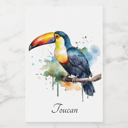 farbenfroher Toukan, der auf einem Ast sitzt Lebensmitteletikett (Einzelnes Label)