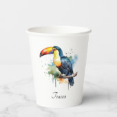 farbenfroher Toukan, der auf einem Ast sitzt Pappbecher (Rückseite)