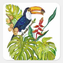 Farbenfroher Tukan Aquarell Tropischer Vogel Quadratischer Aufkleber