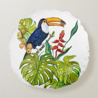 Farbenfroher Tukan Aquarell Tropischer Vogel Rundes Kissen