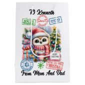 Farbenfroher Urlaubssack mit fröhlicher Santa Eule Mittlere Geschenktüte (Rückseite)