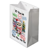 Farbenfroher Urlaubssack mit fröhlicher Santa Eule Mittlere Geschenktüte (Rückseite Schrägansicht)