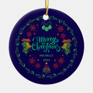 Farbenfroher Vintage-Frohe-Weihnachten-Schmuck Keramik Ornament