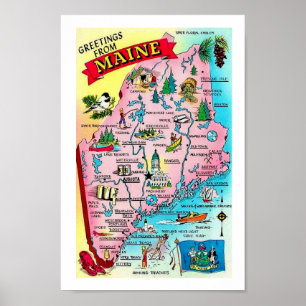 Farbenfroher Vintage-Karten-Druck von Maine Poster