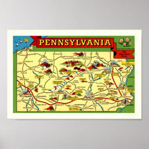 Farbenfroher Vintage-Karten-Druck von Pennsylvania Poster