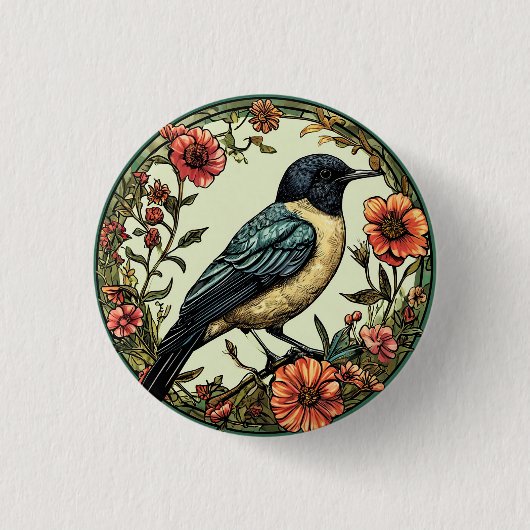 Farbenfroher Vogel im Blumendesign Button (Vorderseite)
