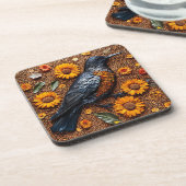 Farbenfroher Vogel mit Sonnenblumen Getränkeuntersetzer (Linke Seite)