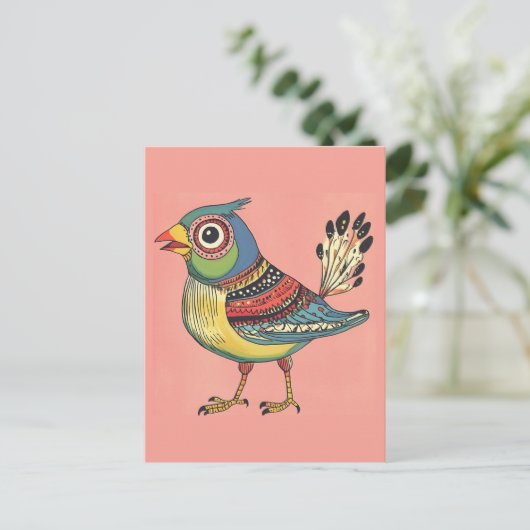 farbenfroher Vogel Postkarte (Stehend Vorderseite)