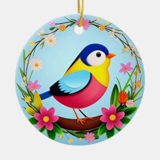 Farbenfroher Vogel umgeben von Blume Kraut Keramik Ornament