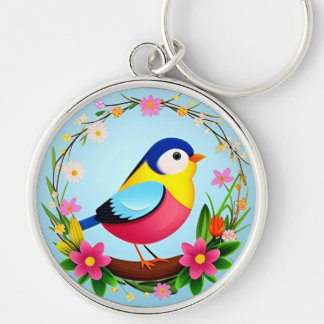 Farbenfroher Vogel umgeben von Blume Kraut Schlüsselanhänger