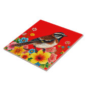 Farbenfroher Vogel unter Blume Fliese (Seite)