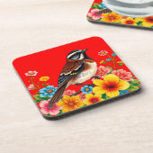 Farbenfroher Vogel unter Blume Getränkeuntersetzer (Linke Seite)