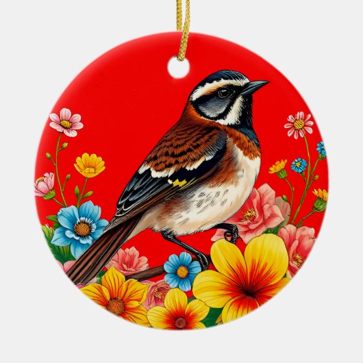 Farbenfroher Vogel unter Blume Keramik Ornament (Vorne)