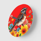 Farbenfroher Vogel unter Blume Runde Wanduhr (Winkel)