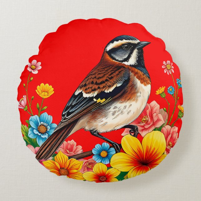 Farbenfroher Vogel unter Blume Rundes Kissen (Vorderseite)