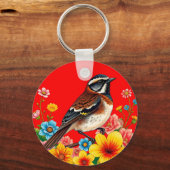 Farbenfroher Vogel unter Blume Schlüsselanhänger (Vorderseite)