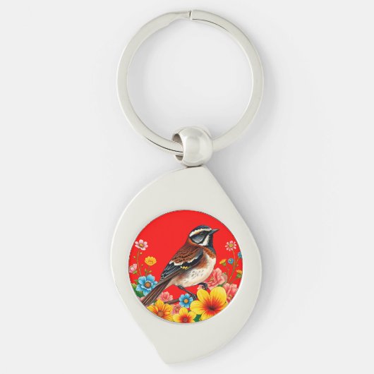 Farbenfroher Vogel unter Blume Schlüsselanhänger (Vorderseite)