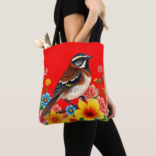 Farbenfroher Vogel unter Blume Tasche (Von Nahem)