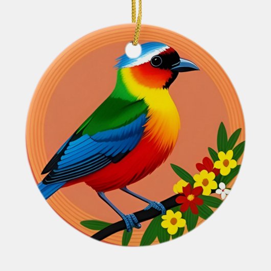 Farbenfroher Vogel unter lebhaften Blume Keramik Ornament (Vorne)