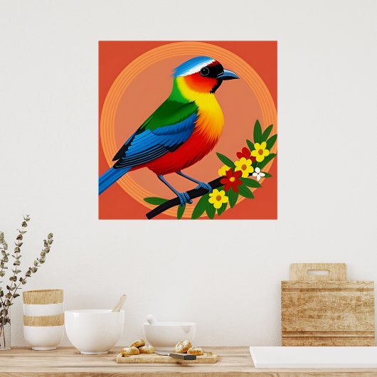 Farbenfroher Vogel unter lebhaften Blume Poster (Küche)