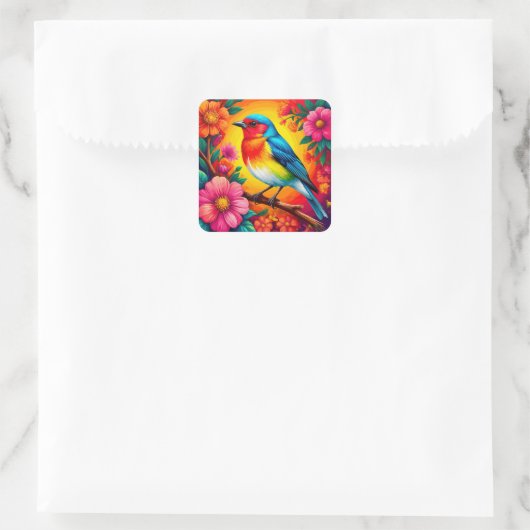 Farbenfroher Vogel unter lebhaften Blume Quadratischer Aufkleber (Tasche)