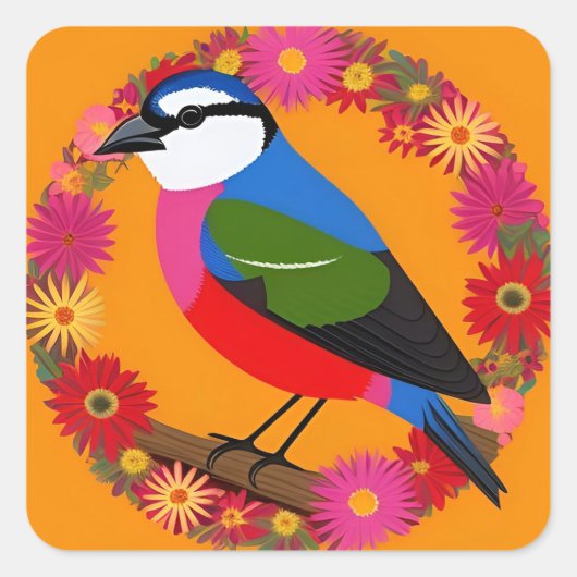Farbenfroher Vogel unter lebhaften Blume Quadratischer Aufkleber (Vorderseite)