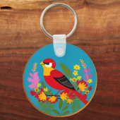 Farbenfroher Vogel unter lebhaften Blume Schlüsselanhänger (Vorderseite)