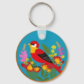 Farbenfroher Vogel unter lebhaften Blume Schlüsselanhänger (Rückseite)