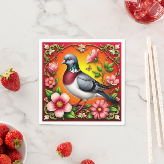 Farbenfroher Vogel unter lebhaften Blume Serviette (Beispiel)