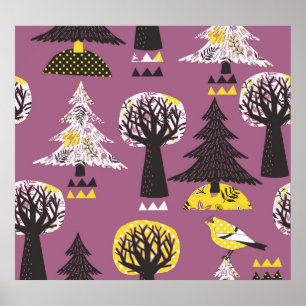 Farbenfroher Wald mit Vögeln, nahtlose Fliesen. Poster