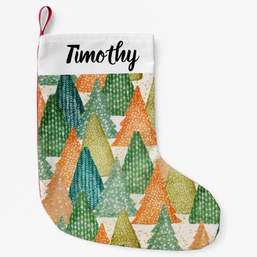 Farbenfroher Wald von Evergreen Weihnachtsbaumen Kleiner Weihnachtsstrumpf (Vorderseite)