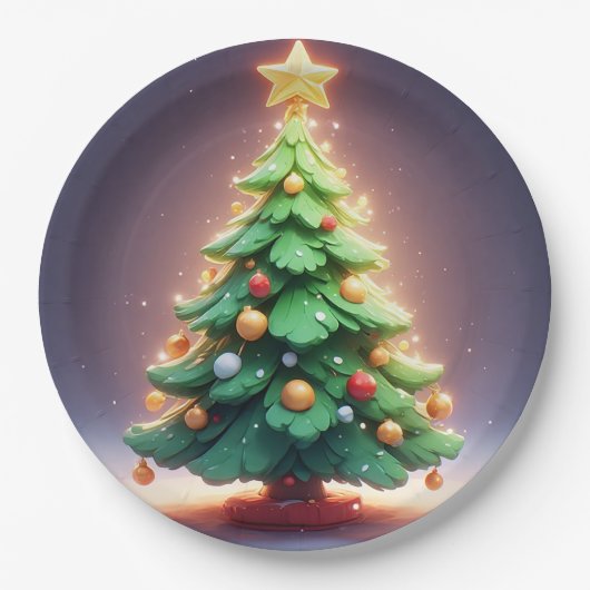 Farbenfroher Weihnachtsbaum mit Lichtern dekoriert Pappteller (Vorderseite)