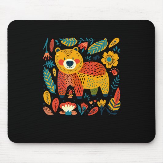 Farbenfroher Whimsikbär und Blumenmuster Mousepad (Vorne)