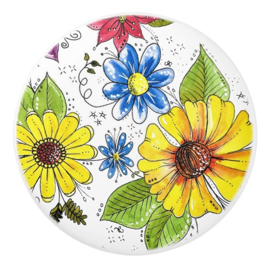 Farbenfroher Whimsischer Blumengarten Keramikknauf (Vorderseite)