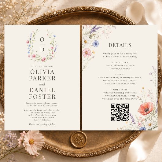 Farbenfroher Wildblumen-Monogramm-QR-Code-Boho-Hoc Einladung