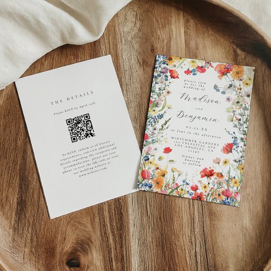 Farbenfroher Wildblumen QR-Code Hochzeit Einladung