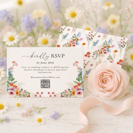 Farbenfroher Wildblumen QR-Code Hochzeit RSVP Karte