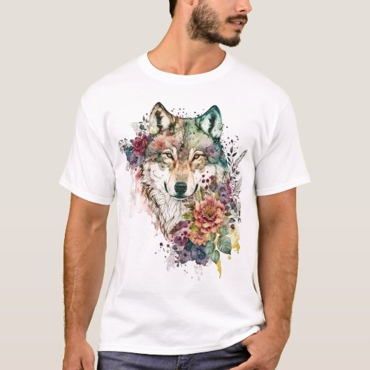 Farbenfroher Wolf und Florals Wasserfarbe in der N T-Shirt (Vorderseite)