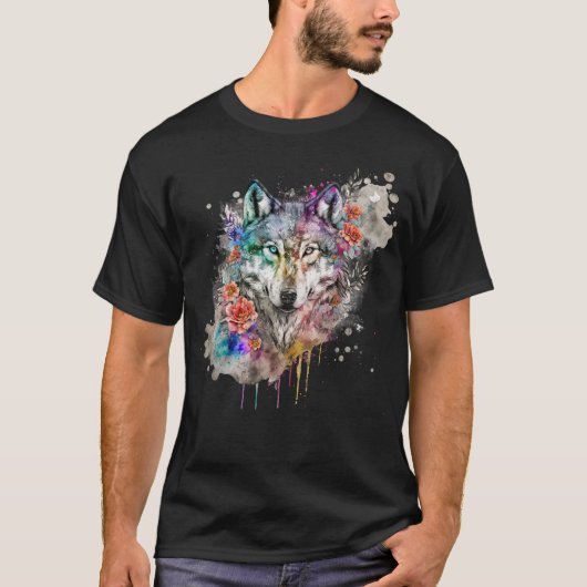Farbenfroher Wolf und Florals Wasserfarbe in der N T-Shirt (Vorderseite)