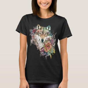 Farbenfroher Wolf und Florals Wasserfarbe in der N T-Shirt