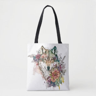 Farbenfroher Wolf und Florals Wasserfarbe in der N Tasche
