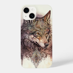 Farbenfroher Wolf und Florals Wasserfarbe in Natur iPhone 14 Hülle