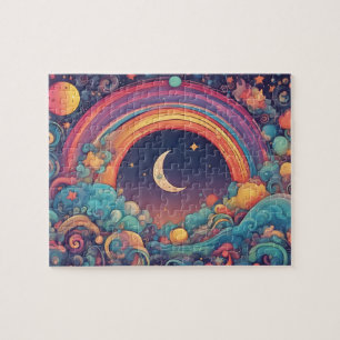 Farbenfroher Zauberhimmel mit Mond und Regenbogen Puzzle