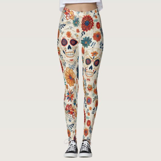 Farbenfroher Zucker Schädel Blumenstrauß Retrotag  Leggings (Vorderseite)